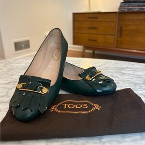 Tod's Dark Green Patent Leather Loafers with Gold Accent